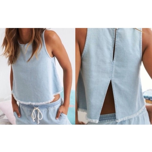 aerie Tops - aerie Light Wash Chambray Raw Hem Split Back Cotton Tank Top Sz M
